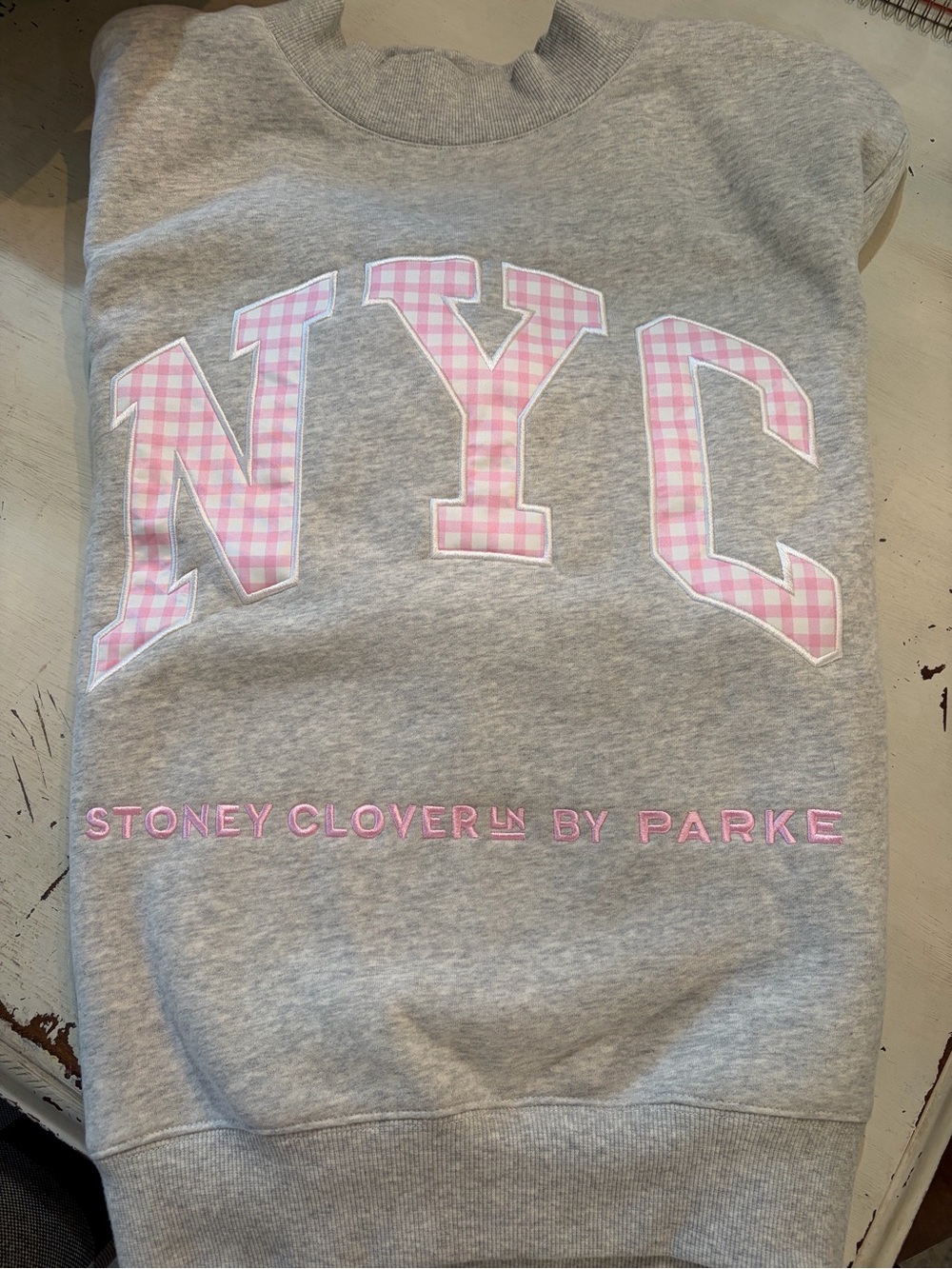 Stoney Clover Lane x Parke Gray Sweatshirt with Pink Gingham NYC Appliqué